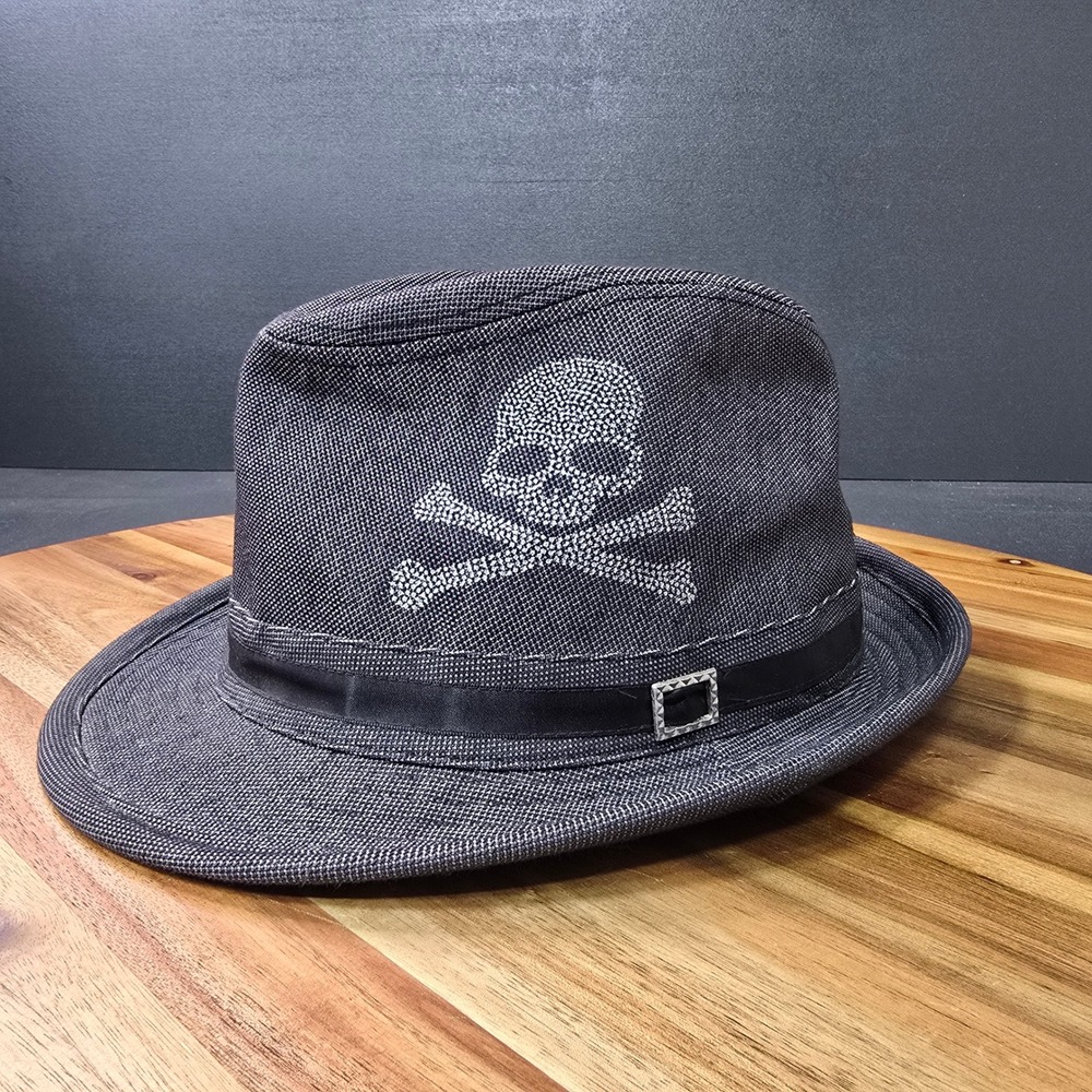 Skull Fedora Hat Mens S/M Charcoal Grey Punk Rock Goth Streetwear Alt Rockabilly